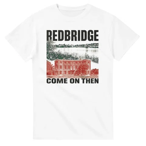 Two-colour scenic illustration for London Borough of Redbridge, with the place name and COME ON THEN lettering.