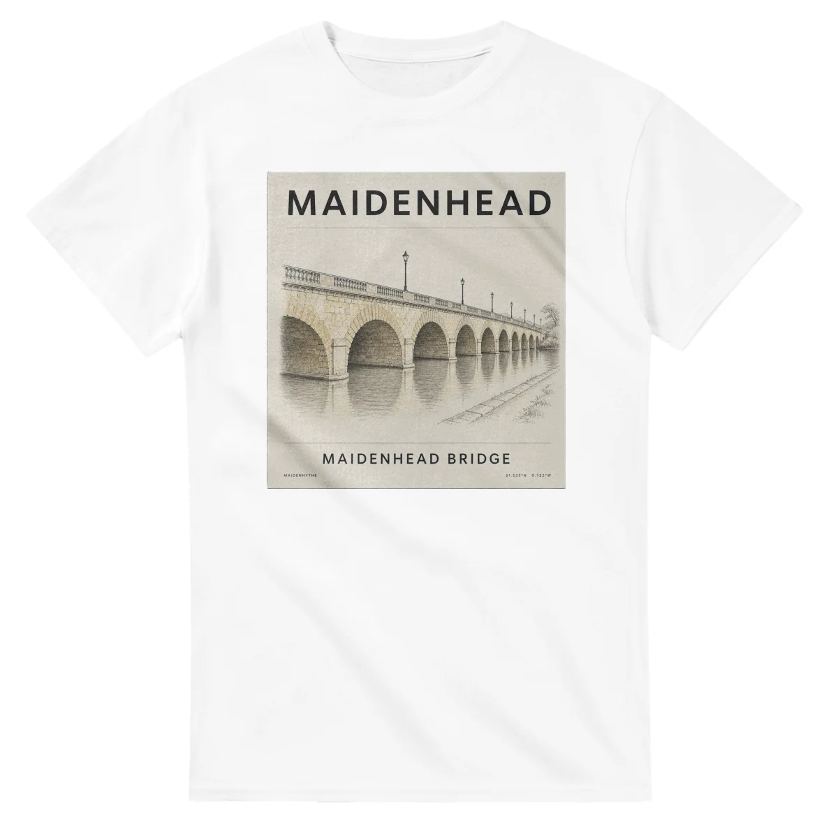 Fine-line engraving-style drawing for Maidenhead, with a landmark caption and small coordinate text.