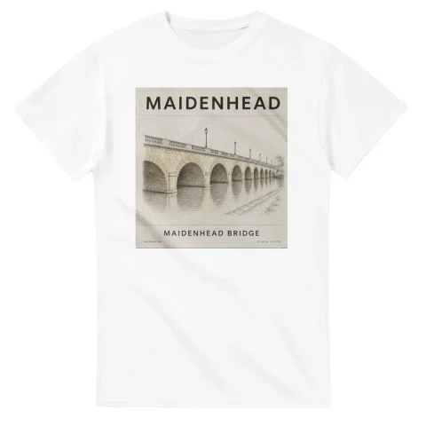 Fine-line engraving-style drawing for Maidenhead, with a landmark caption and small coordinate text.
