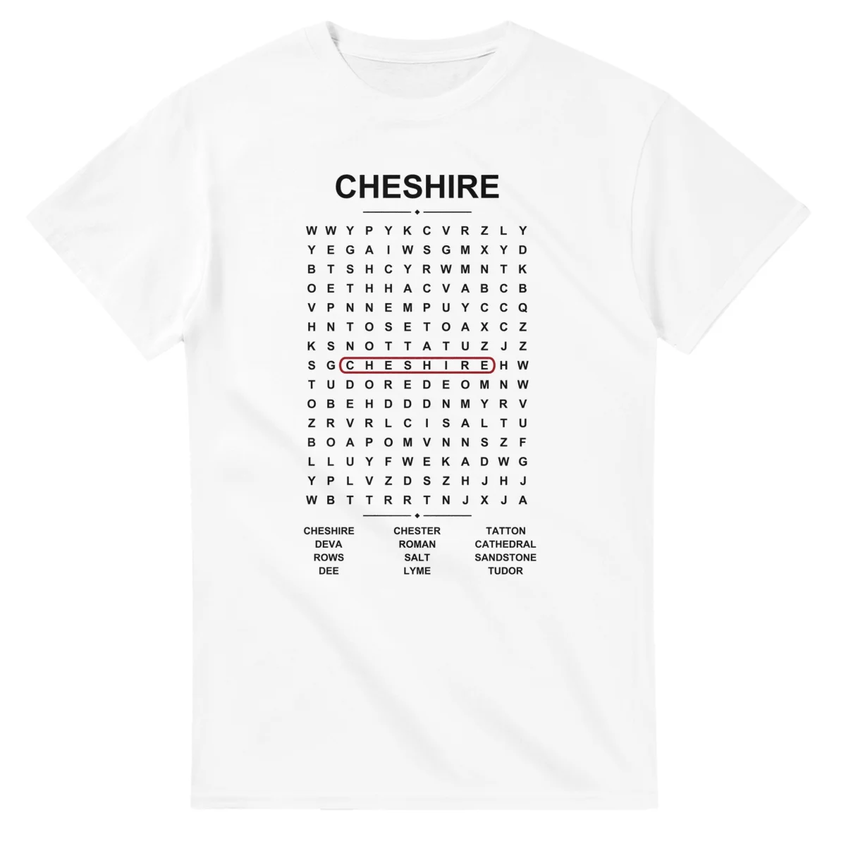 Word-search sheet for Cheshire, with a large place-name heading, a letter grid, a local answer list, and a red highlighted example word.