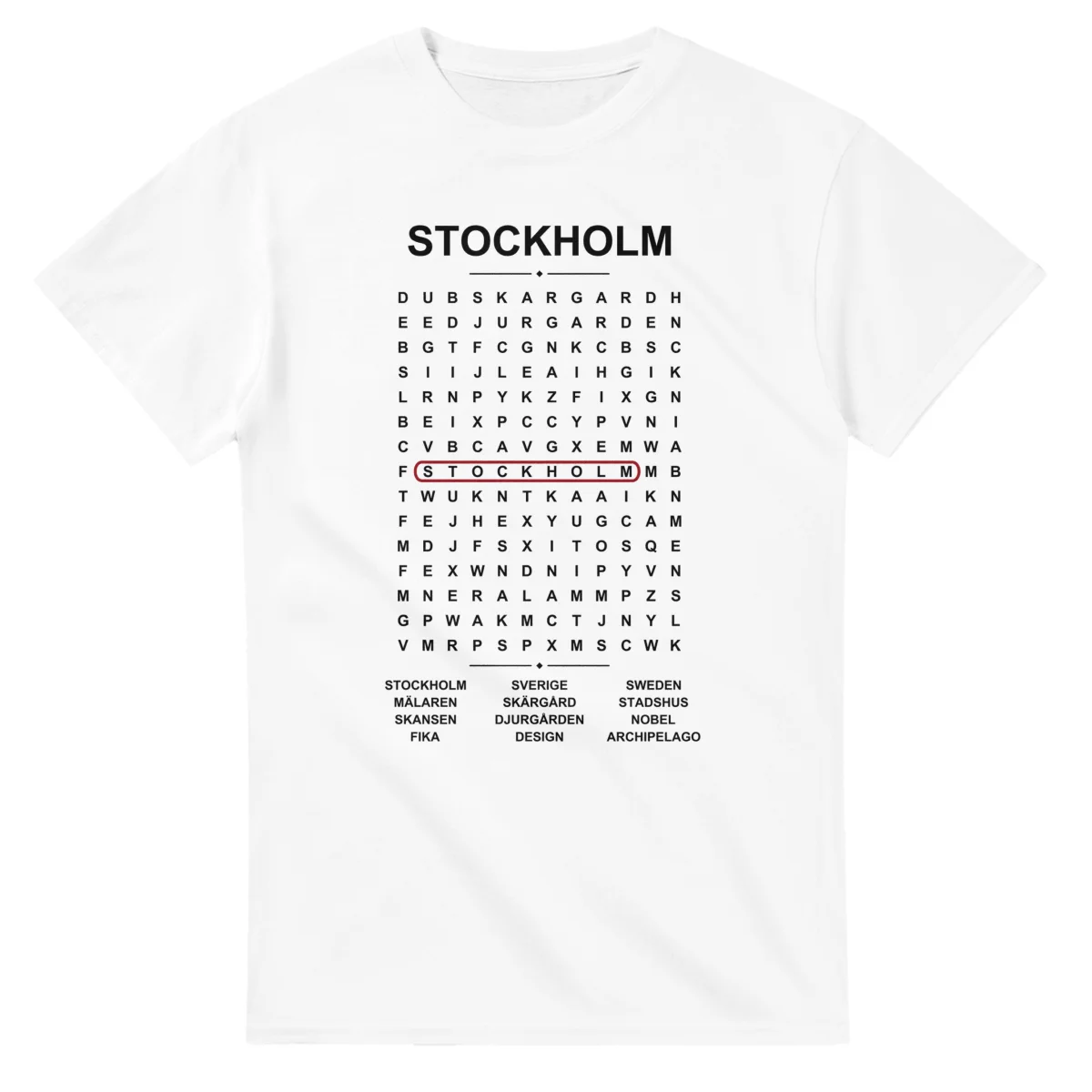 Word-search sheet for Stockholm, with a large place-name heading, a letter grid, a local answer list, and a red highlighted example word.