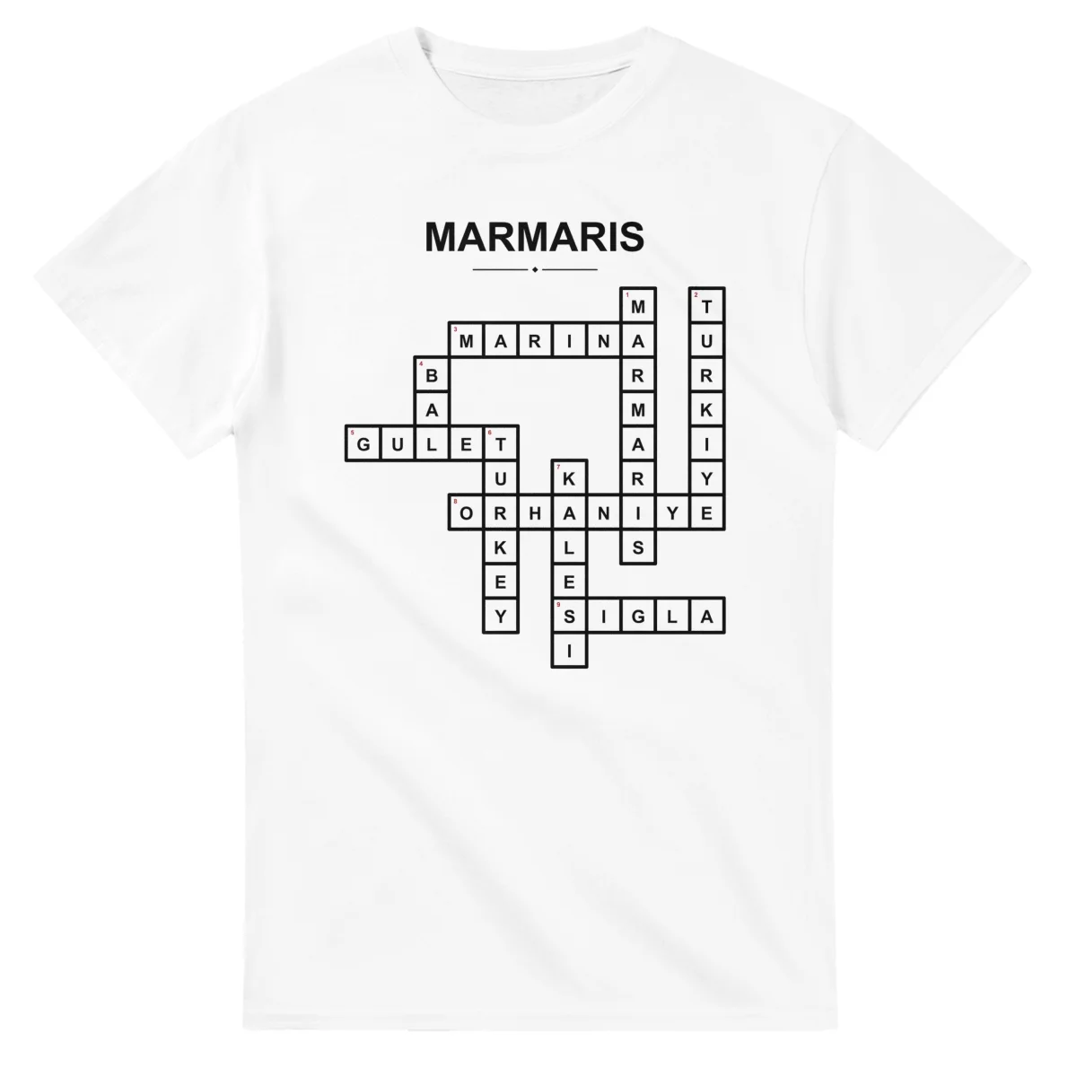Monochrome crossword sheet for Marmaris, with a large place-name heading, a letter grid, and numbered across and down clues.