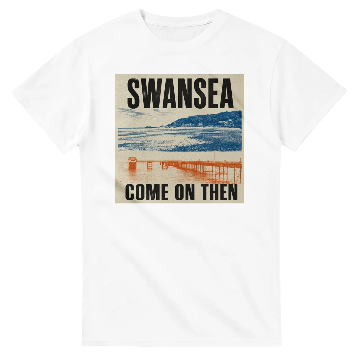 Two-colour scenic illustration for Swansea, with the place name and COME ON THEN lettering.