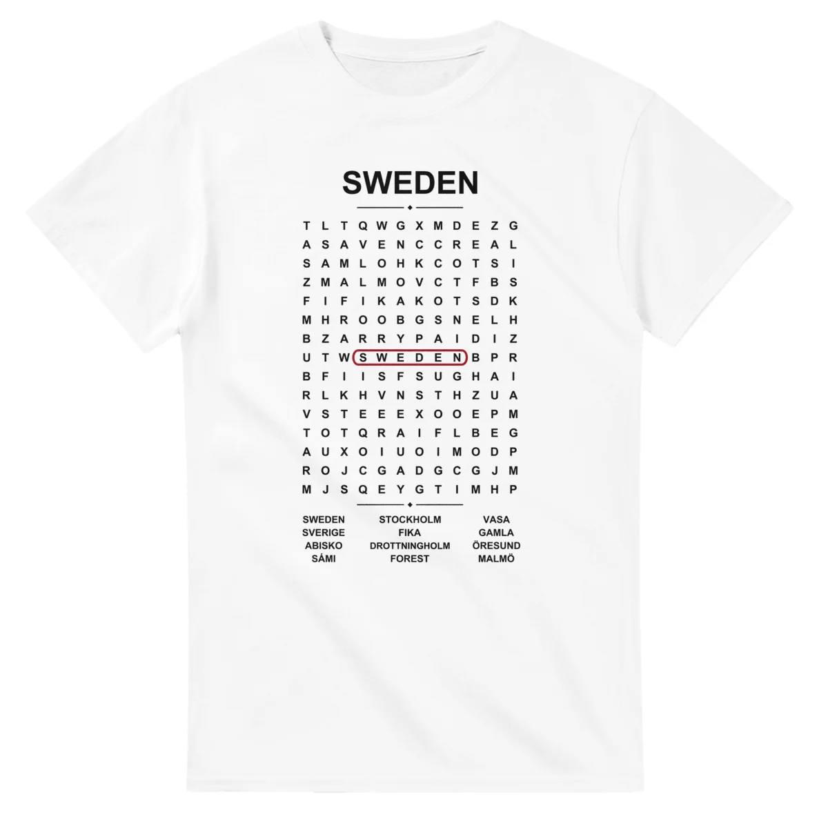Word-search sheet for Sweden, with a large place-name heading, a letter grid, a local answer list, and a red highlighted example word.