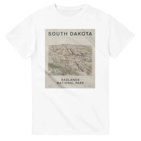 Fine-line engraving-style drawing for South Dakota, with a landmark caption and small coordinate text.