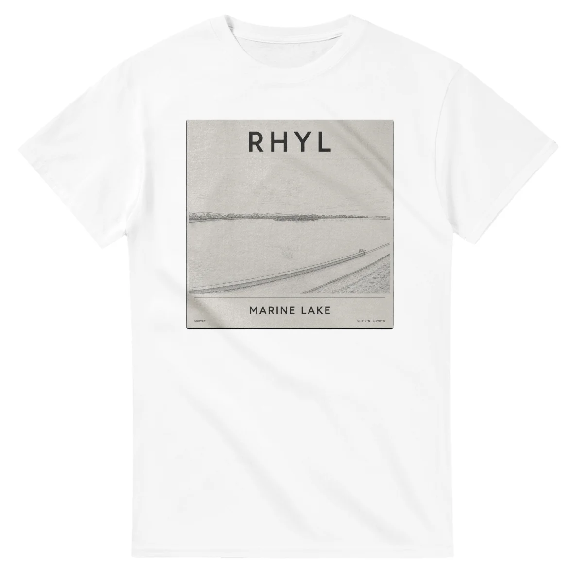 Fine-line engraving-style drawing for Rhyl, with a landmark caption and small coordinate text.