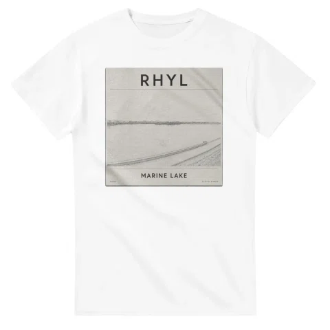 Fine-line engraving-style drawing for Rhyl, with a landmark caption and small coordinate text.