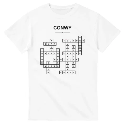 Monochrome crossword sheet for Conwy, with a large place-name heading, a letter grid, and numbered across and down clues.