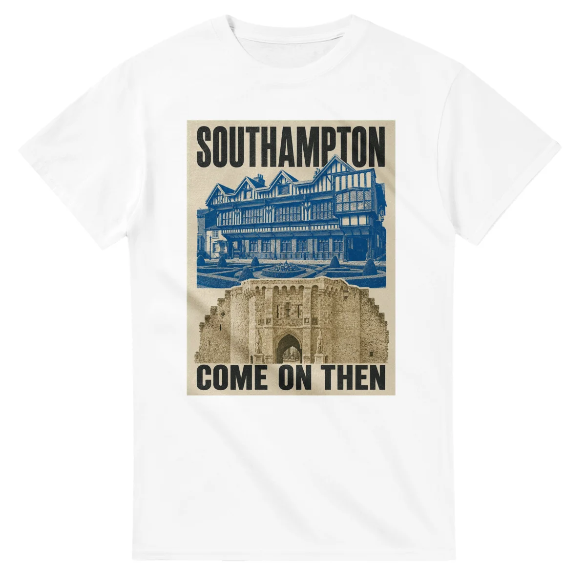 Two-colour scenic illustration for Southampton, with the place name and COME ON THEN lettering.
