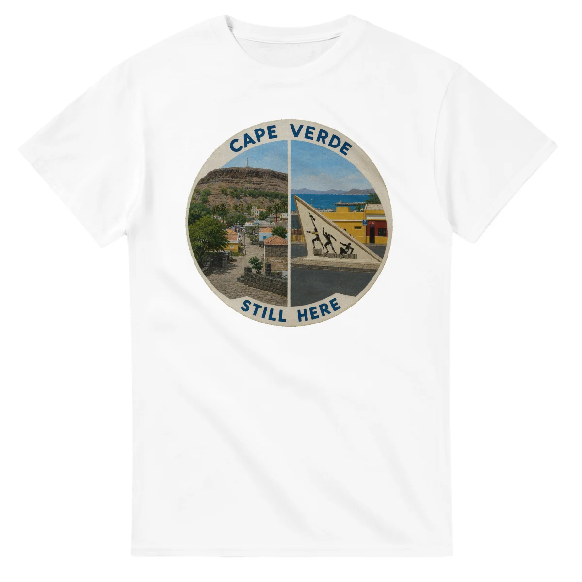 Painted, panelled scenic illustration for Cape Verde, with paired local scenes and the place name in lettering.