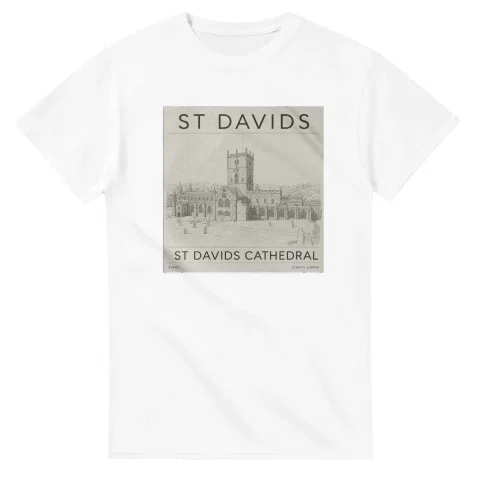 Fine-line engraving-style drawing for St Davids, with a landmark caption and small coordinate text.
