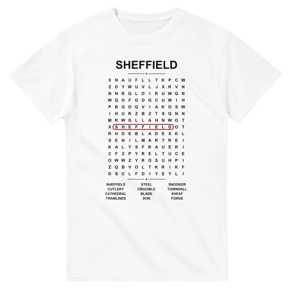 Word-search sheet for Sheffield, with a large place-name heading, a letter grid, a local answer list, and a red highlighted example word.