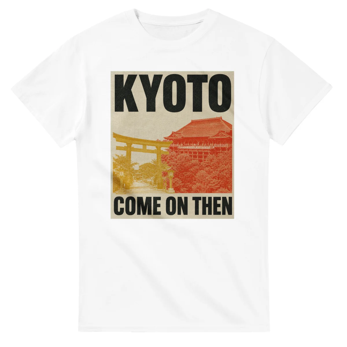 Two-colour scenic illustration for Kyoto, with the place name and COME ON THEN lettering.