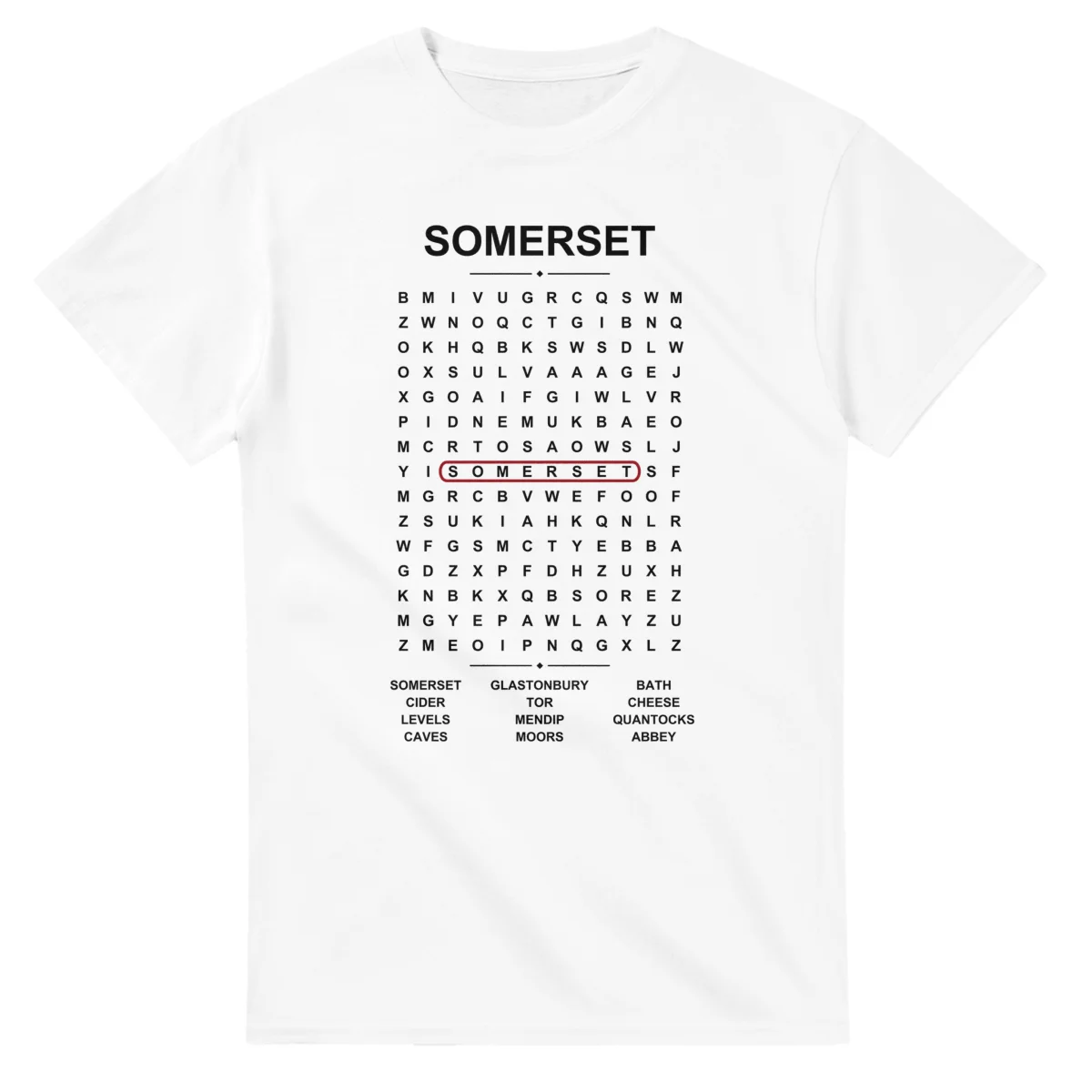 Word-search sheet for Somerset, with a large place-name heading, a letter grid, a local answer list, and a red highlighted example word.