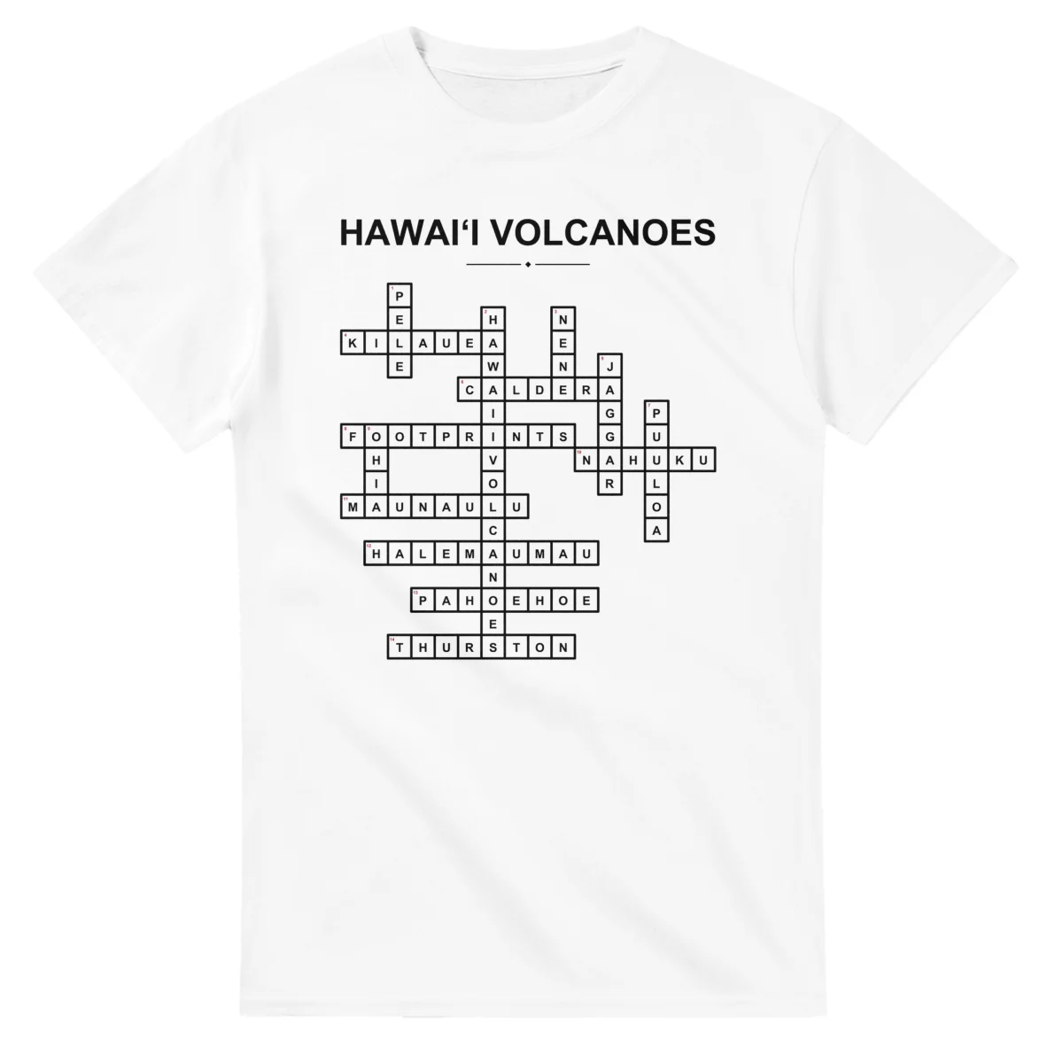 Monochrome crossword sheet for Hawaiʻi Volcanoes National Park, with a large place-name heading, a letter grid, and numbered across and down clues.