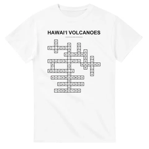 Monochrome crossword sheet for Hawaiʻi Volcanoes National Park, with a large place-name heading, a letter grid, and numbered across and down clues.