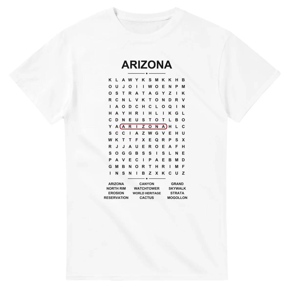 Word-search sheet for Arizona, with a large place-name heading, a letter grid, a local answer list, and a red highlighted example word.