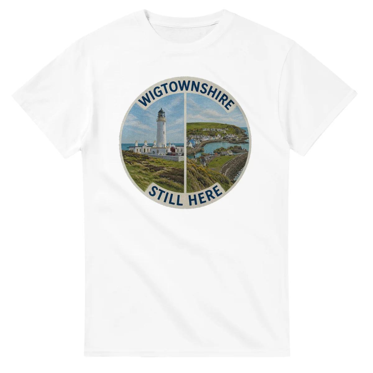 Painted, panelled scenic illustration for Wigtownshire, with paired local scenes and the place name in lettering.
