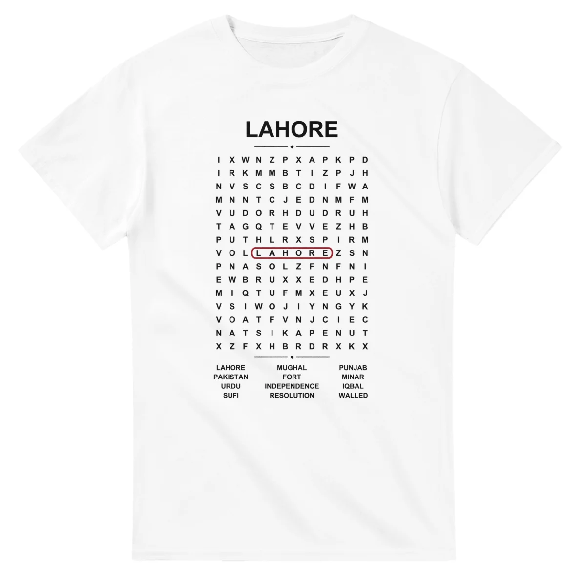 Word-search sheet for Lahore, with a large place-name heading, a letter grid, a local answer list, and a red highlighted example word.