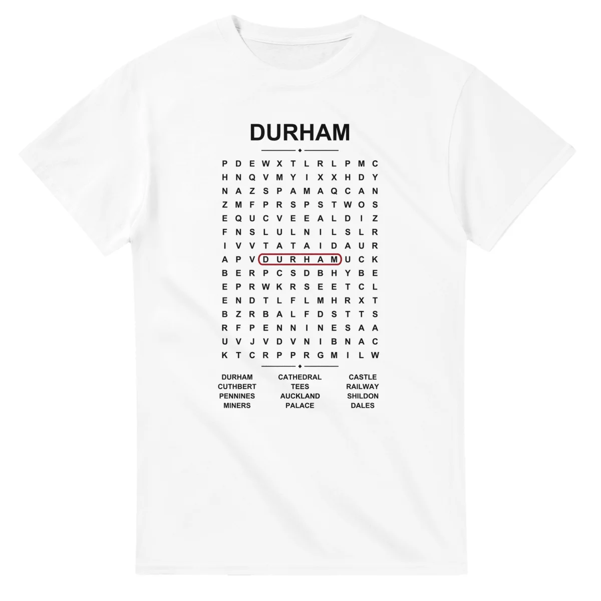 Word-search sheet for County Durham, with a large place-name heading, a letter grid, a local answer list, and a red highlighted example word.