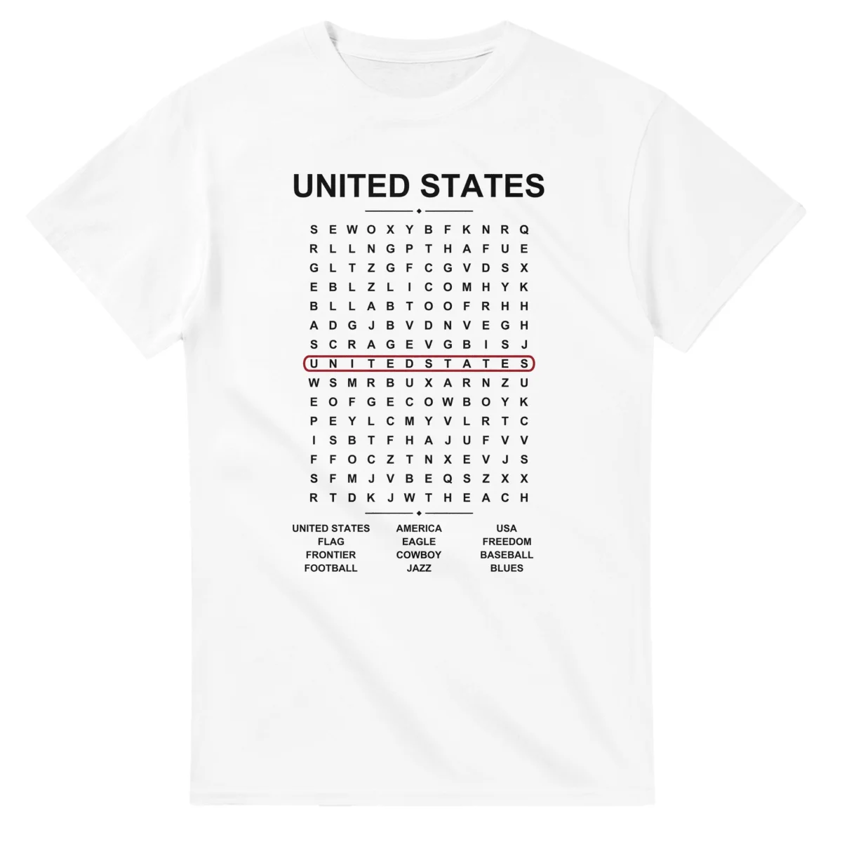 Word-search sheet for United States, with a large place-name heading, a letter grid, a local answer list, and a red highlighted example word.