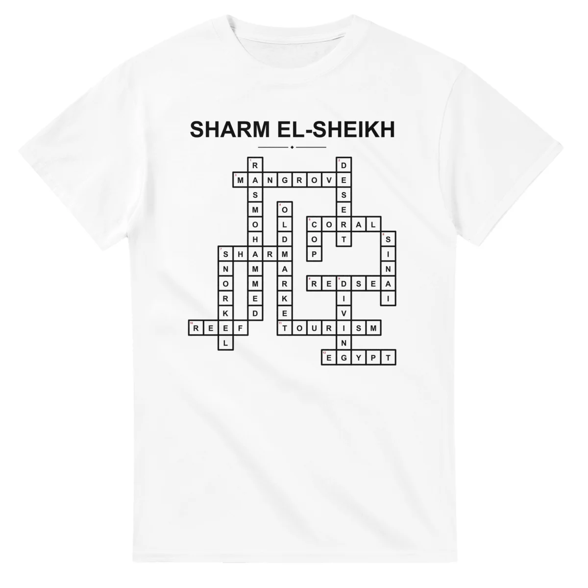 Monochrome crossword sheet for Sharm el-Sheikh, with a large place-name heading, a letter grid, and numbered across and down clues.