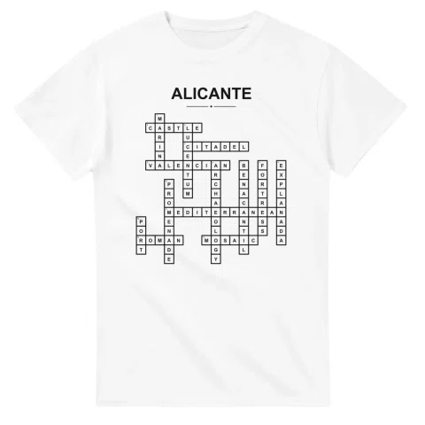 Monochrome crossword sheet for Alicante, with a large place-name heading, a letter grid, and numbered across and down clues.