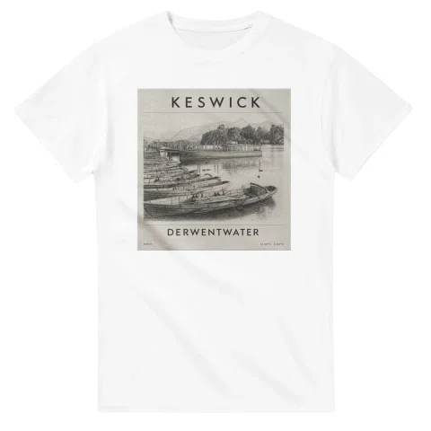 Fine-line engraving-style drawing for Keswick, with a landmark caption and small coordinate text.