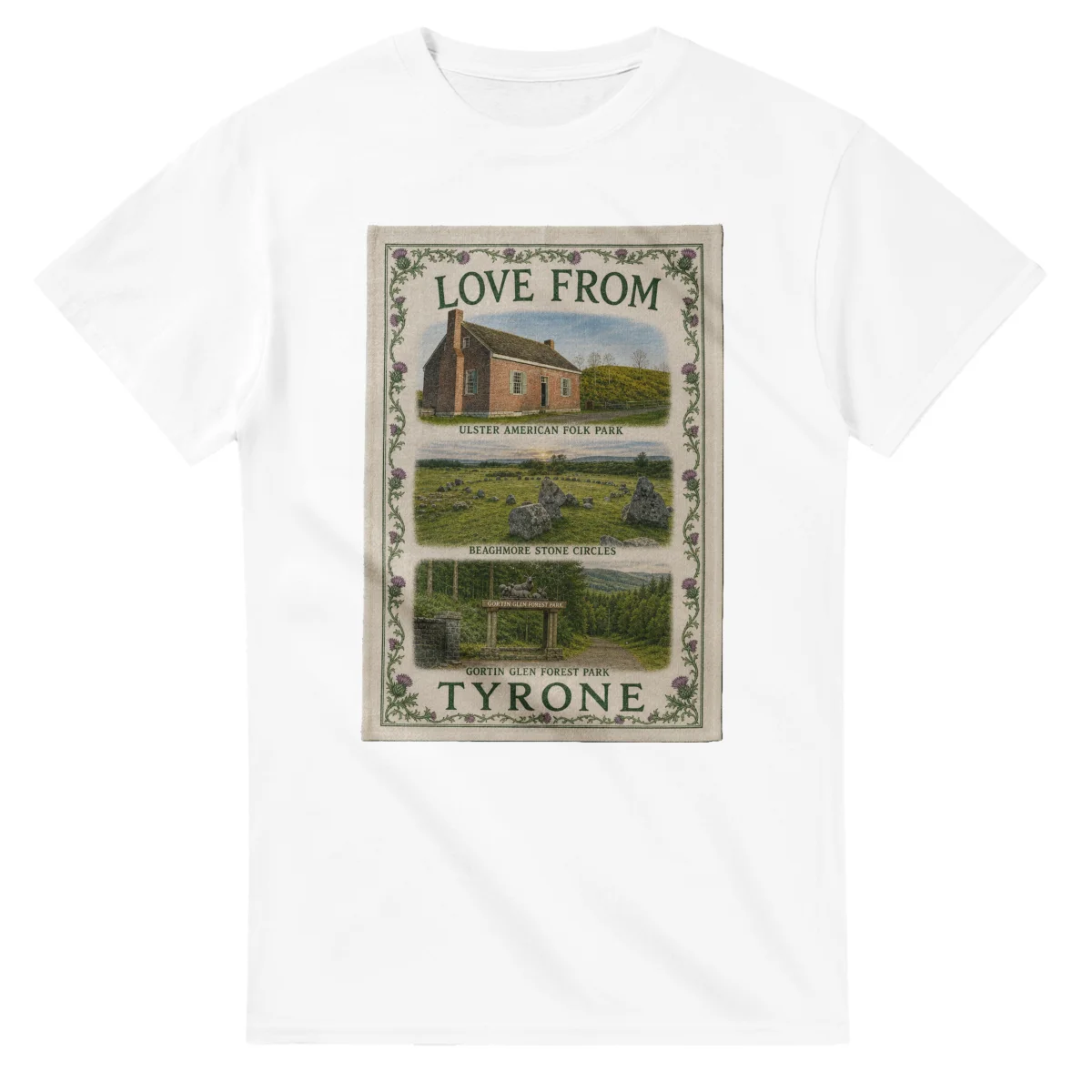 Framed scenic design for Tyrone, with several local views, a decorative border and LOVE FROM lettering.