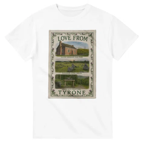 Framed scenic design for Tyrone, with several local views, a decorative border and LOVE FROM lettering.