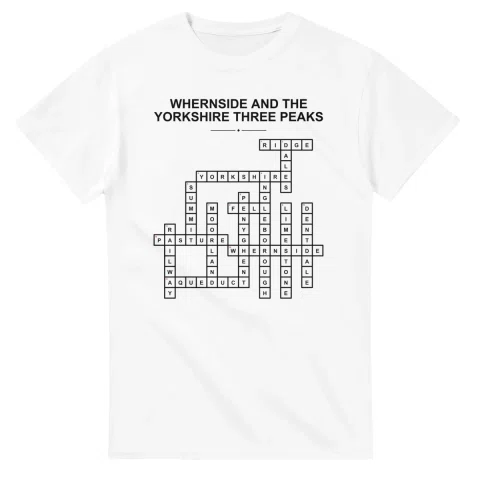 Monochrome crossword sheet for Whernside and the Yorkshire Three Peaks, with a large place-name heading, a letter grid, and numbered across and down clues.