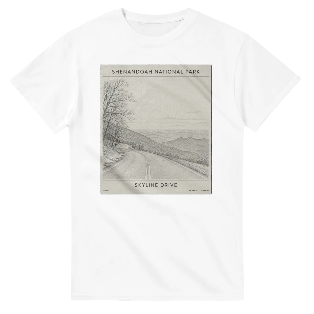 Fine-line engraving-style drawing for Shenandoah National Park, with a landmark caption and small coordinate text.