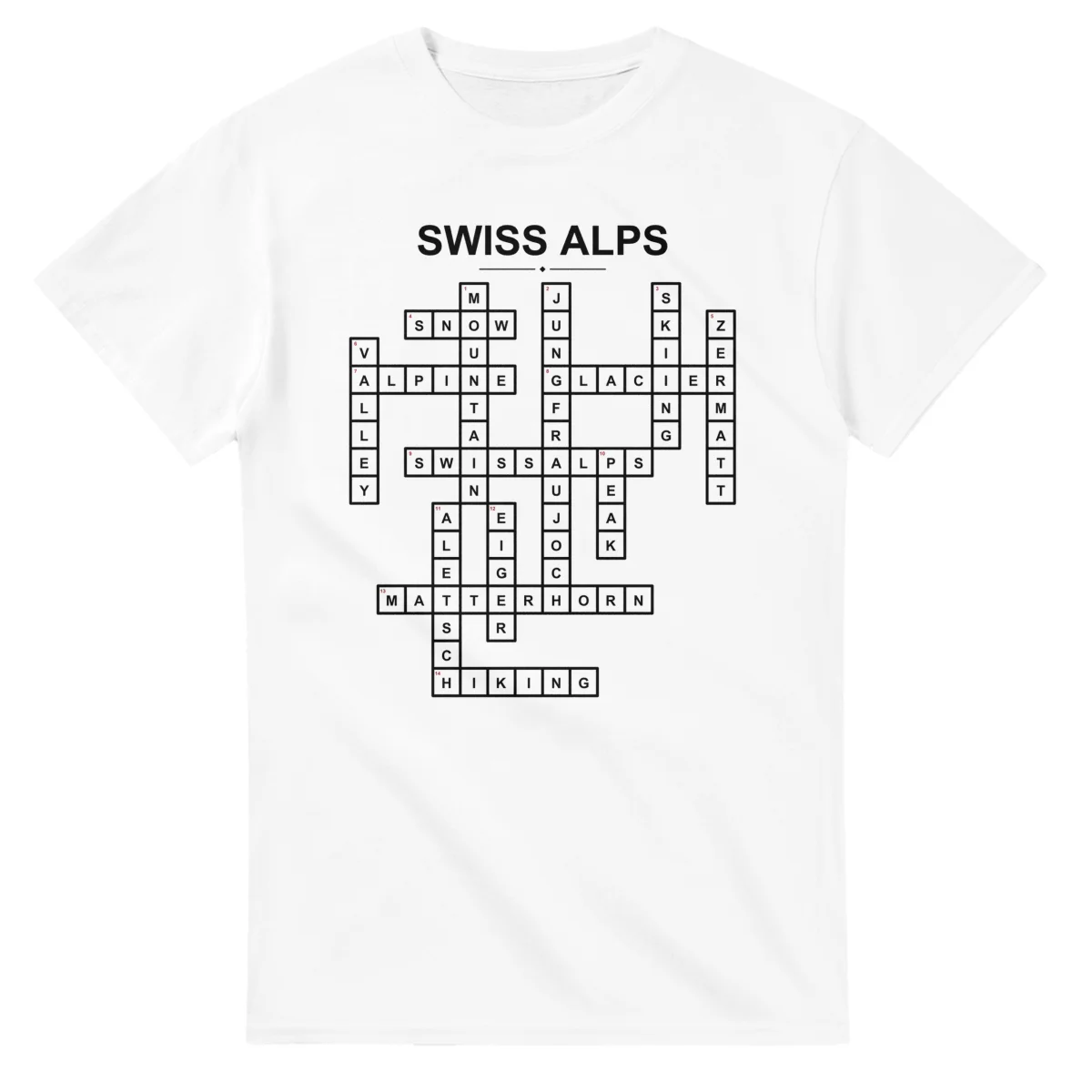 Monochrome crossword sheet for Swiss Alps, with a large place-name heading, a letter grid, and numbered across and down clues.