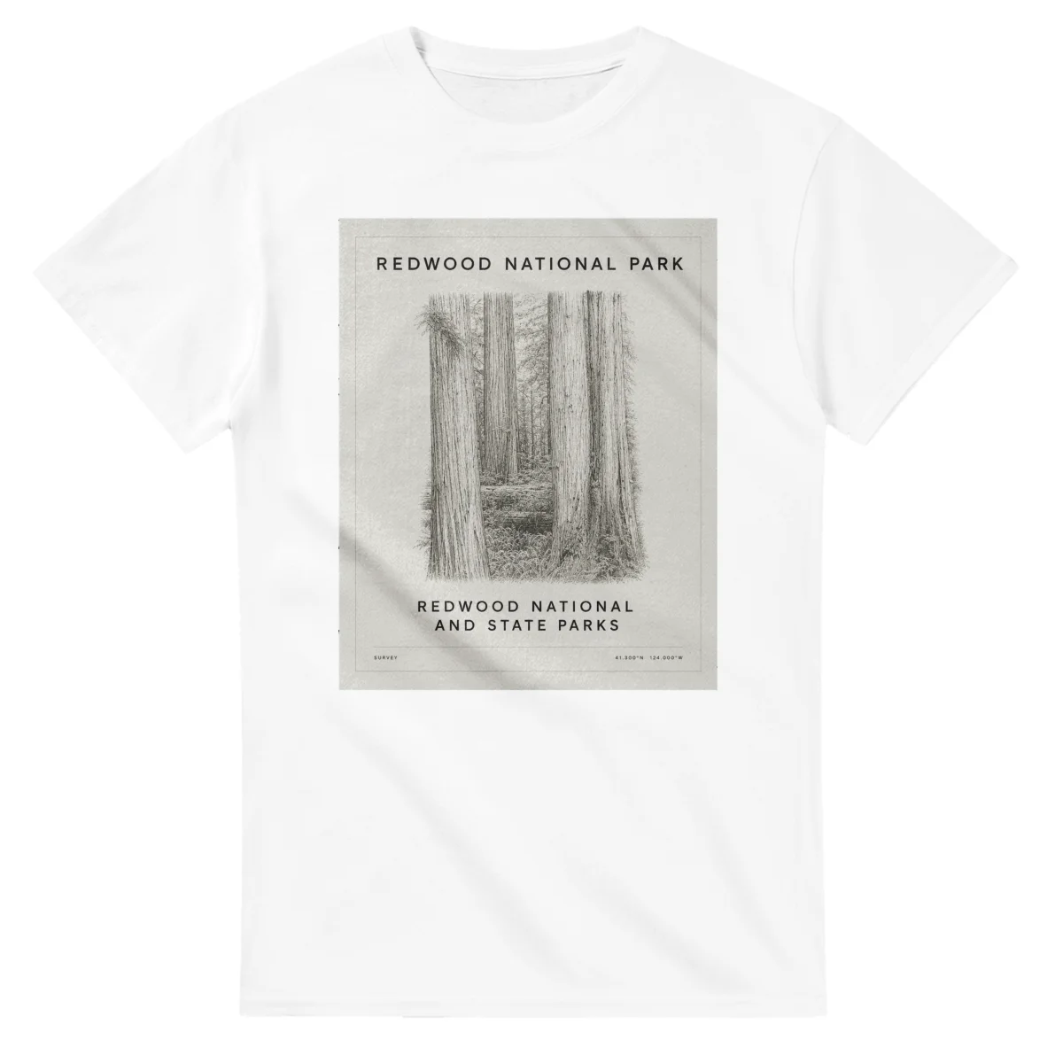 Fine-line engraving-style drawing for Redwood National Park, with a landmark caption and small coordinate text.