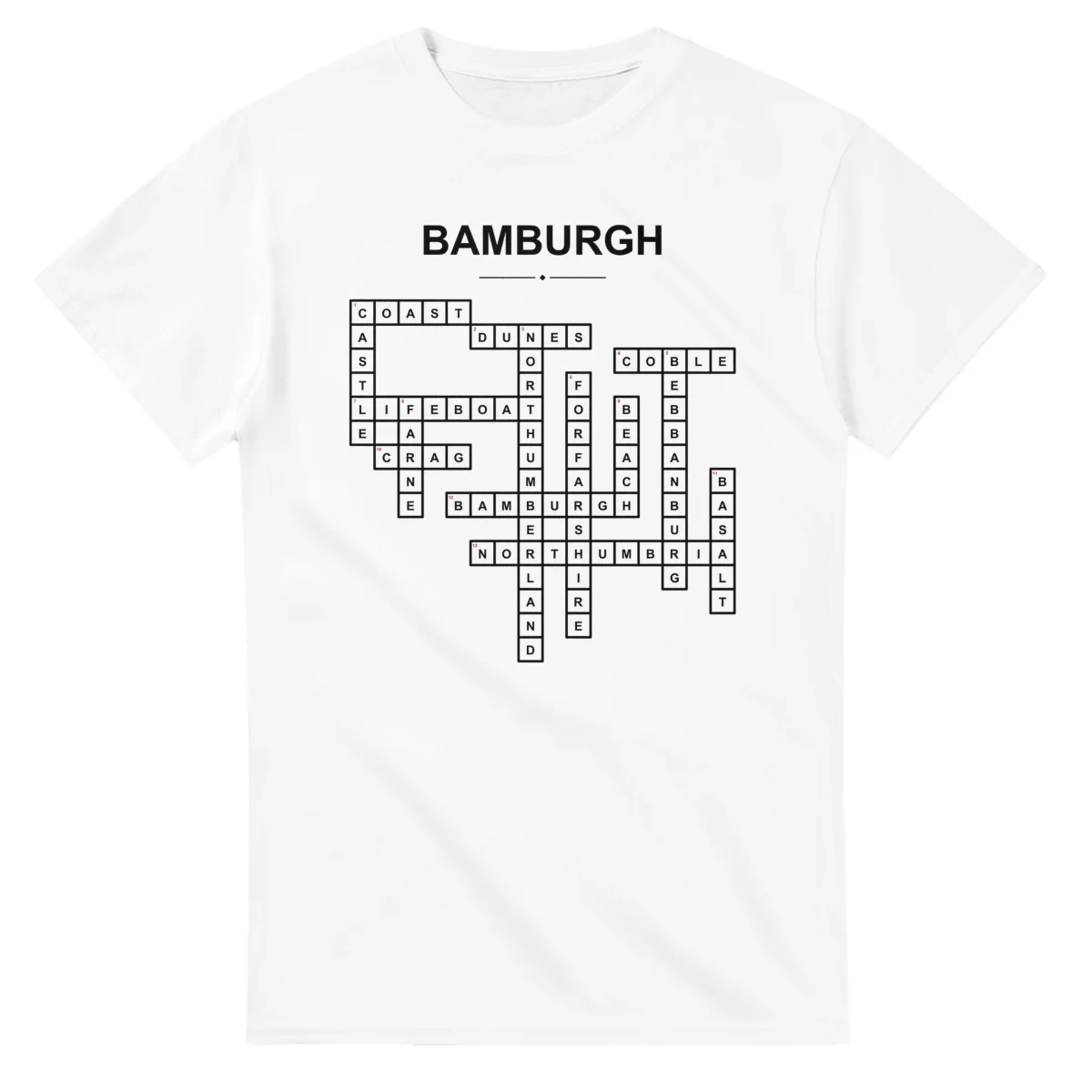 Monochrome crossword sheet for Bamburgh, with a large place-name heading, a letter grid, and numbered across and down clues.