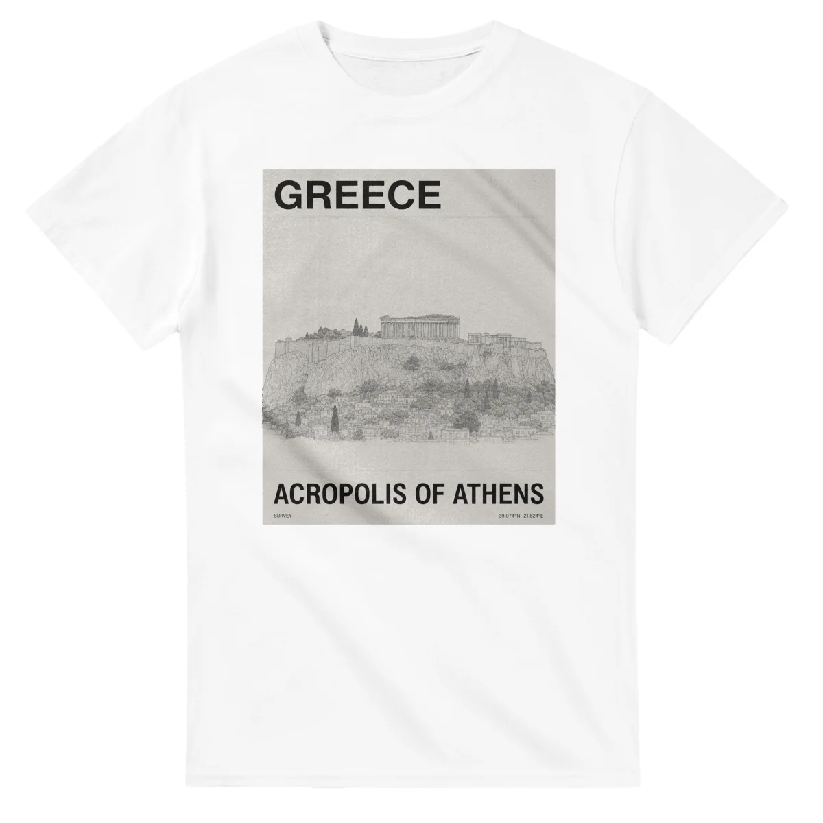 Fine-line engraving-style drawing for Greece, with a landmark caption and small coordinate text.