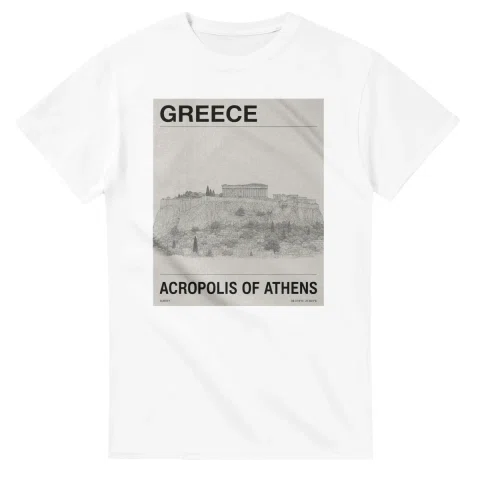 Fine-line engraving-style drawing for Greece, with a landmark caption and small coordinate text.