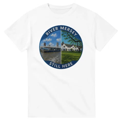 Painted, panelled scenic illustration for River Mersey, with paired local scenes and the place name in lettering.
