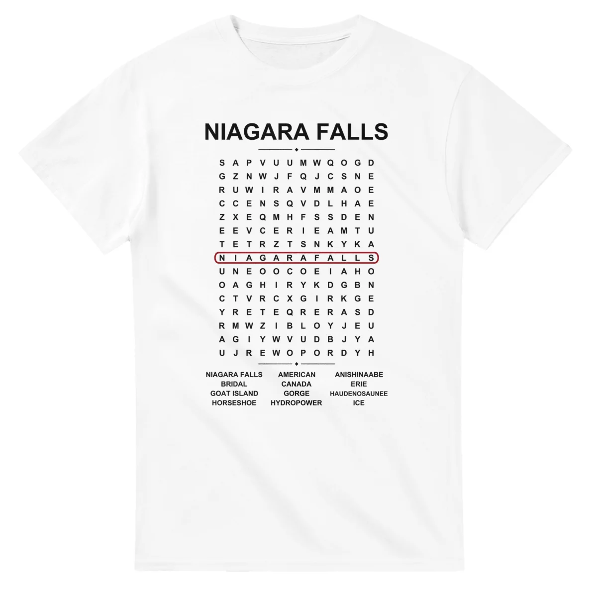 Word-search sheet for Niagara Falls, with a large place-name heading, a letter grid, a local answer list, and a red highlighted example word.