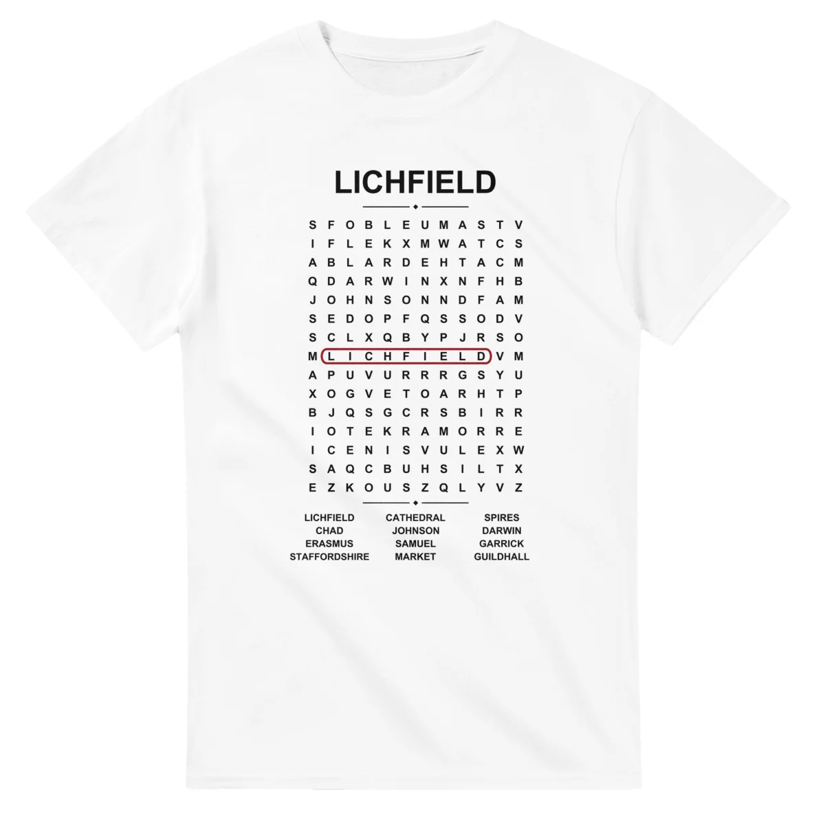 Word-search sheet for Lichfield, with a large place-name heading, a letter grid, a local answer list, and a red highlighted example word.