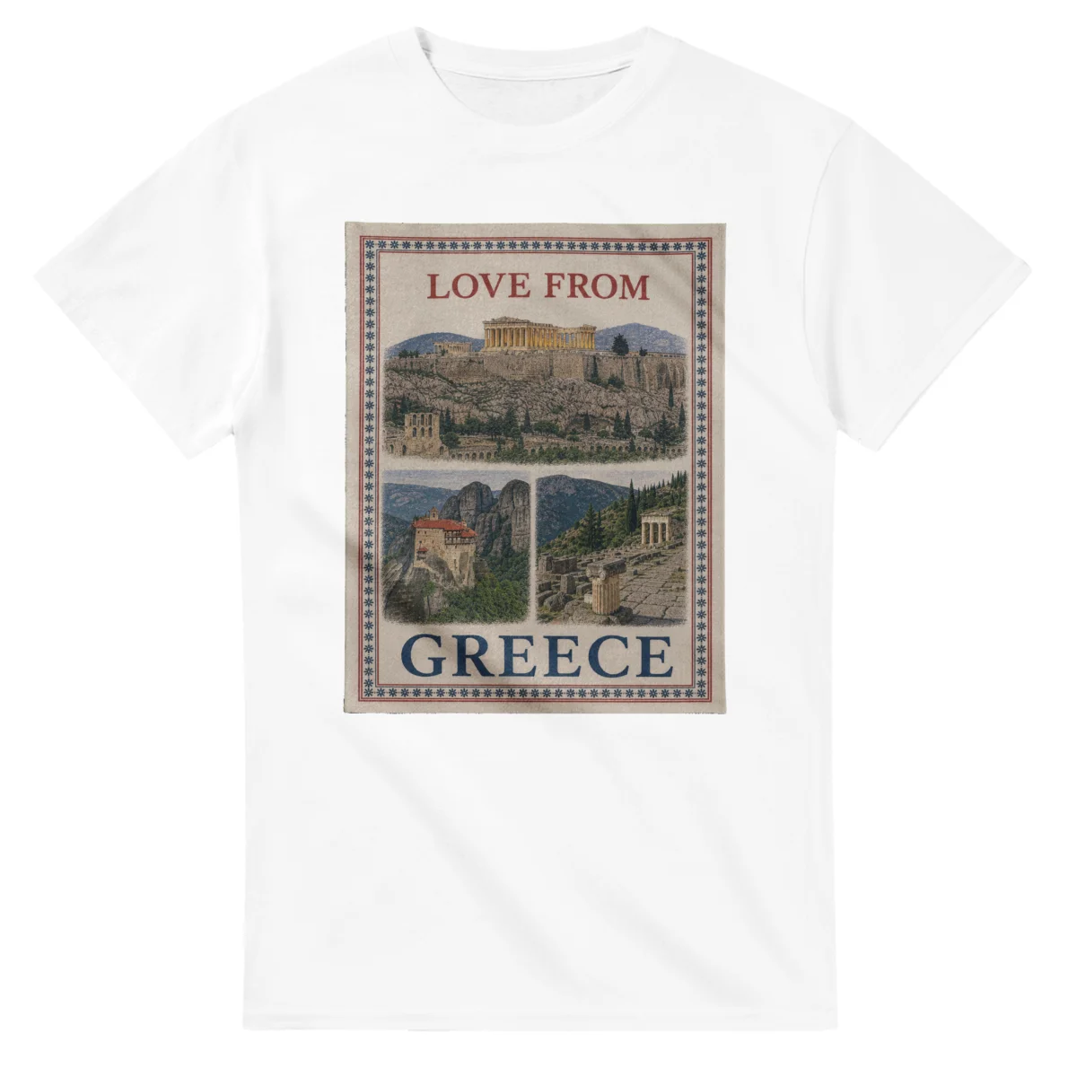 Framed scenic design for Greece, with several local views, a decorative border and LOVE FROM lettering.
