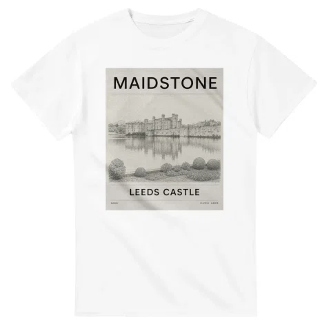 Fine-line engraving-style drawing for Maidstone, with a landmark caption and small coordinate text.