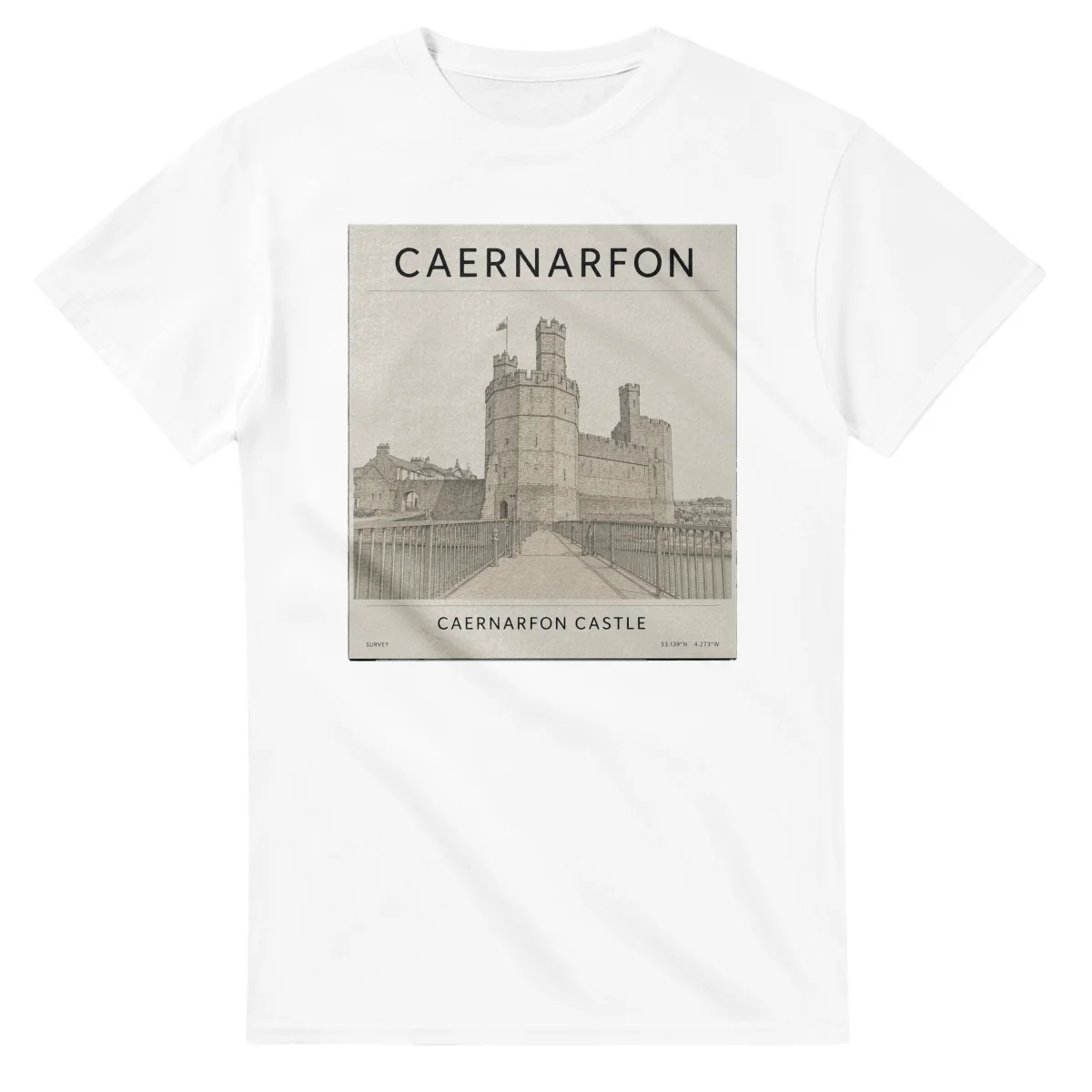 Fine-line engraving-style drawing for Caernarfon, with a landmark caption and small coordinate text.