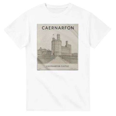 Fine-line engraving-style drawing for Caernarfon, with a landmark caption and small coordinate text.