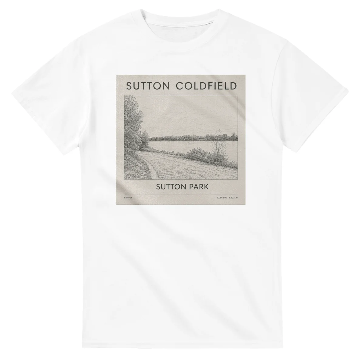 Fine-line engraving-style drawing for Sutton Coldfield, with a landmark caption and small coordinate text.
