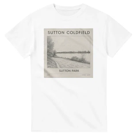 Fine-line engraving-style drawing for Sutton Coldfield, with a landmark caption and small coordinate text.