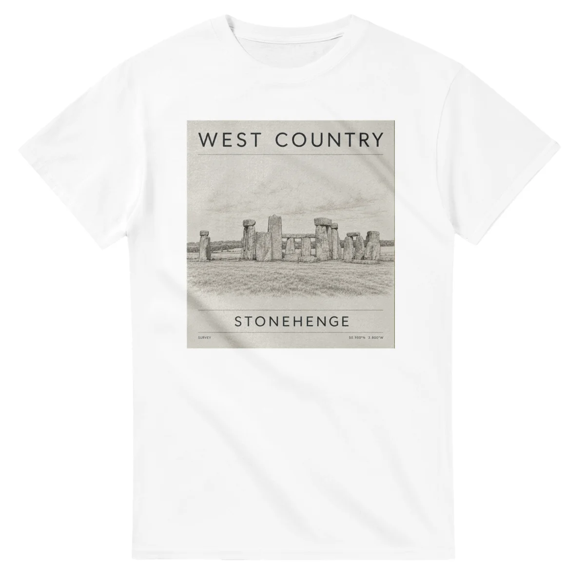 Fine-line engraving-style drawing for West Country, with a landmark caption and small coordinate text.
