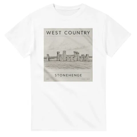 Fine-line engraving-style drawing for West Country, with a landmark caption and small coordinate text.