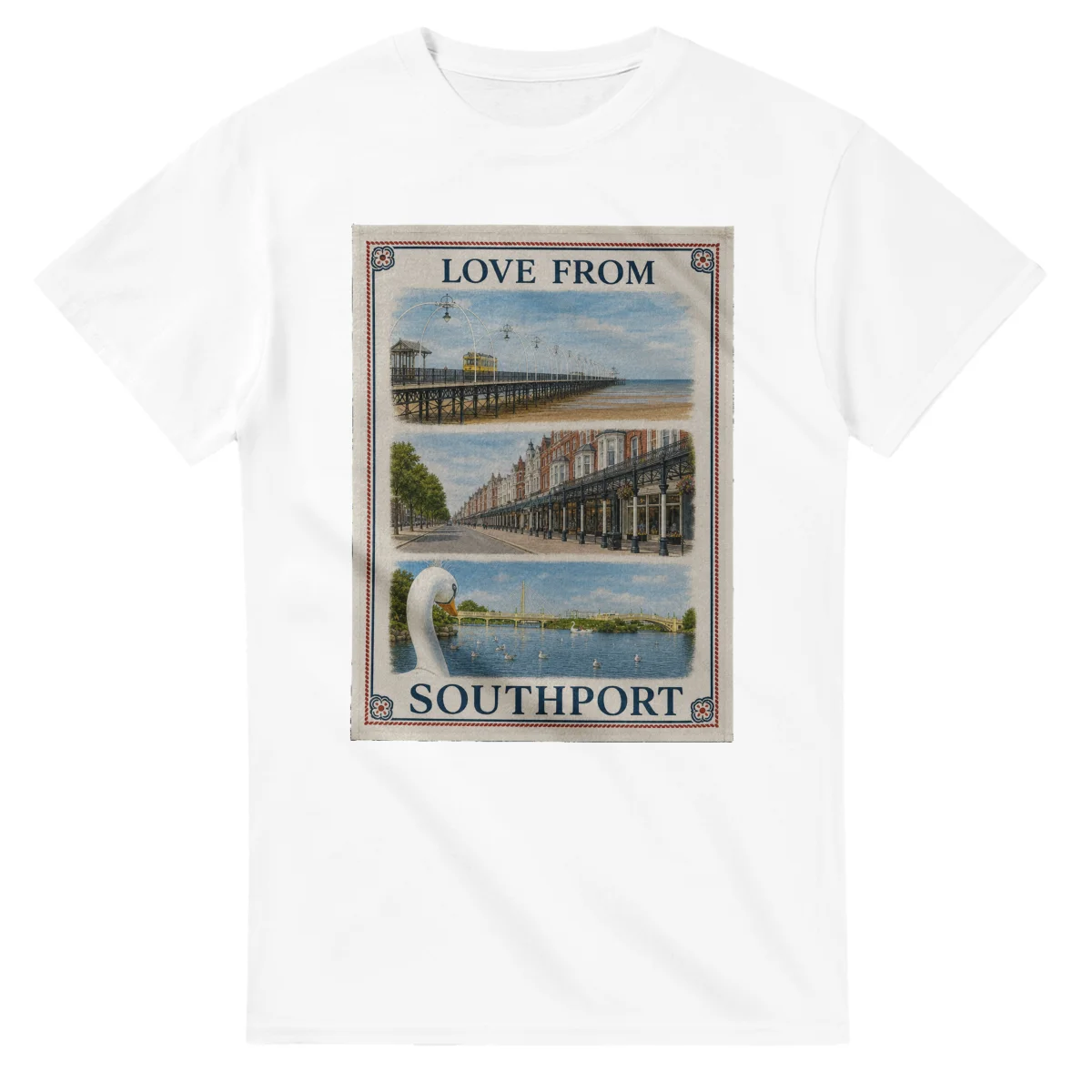 Framed scenic design for Southport, with several local views, a decorative border and LOVE FROM lettering.
