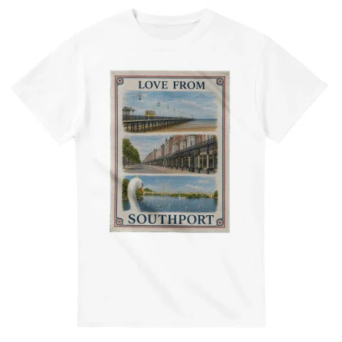 Framed scenic design for Southport, with several local views, a decorative border and LOVE FROM lettering.